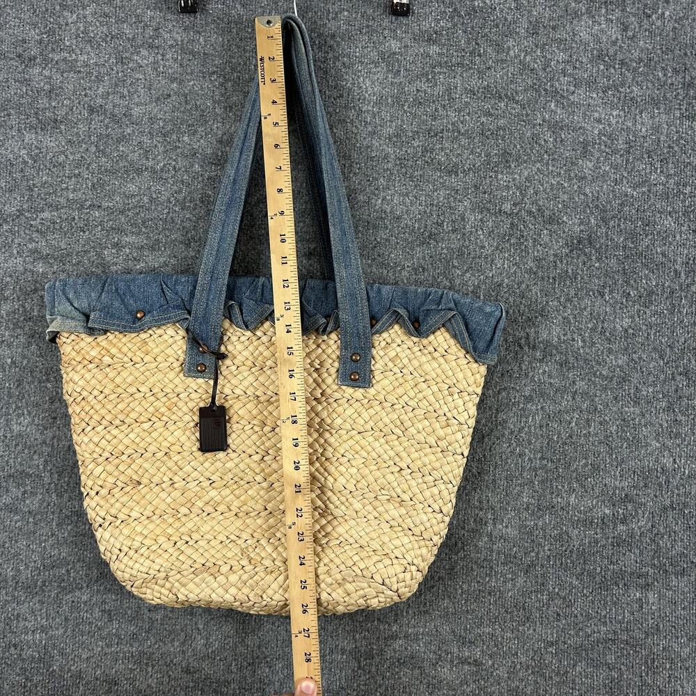 Vintage Ralph Lauren Straw Tote Bag Large Beige Denim Trim Beach Boho Summer - Picture 14 of 15